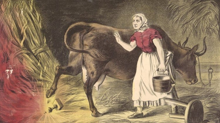 رسم تخيلي لحادثة إحراق شيكاغو من قبل البقرة