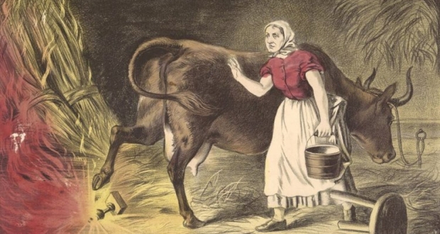 رسم تخيلي لحادثة إحراق شيكاغو من قبل البقرة